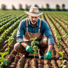 Portrait Of Senior Man In Hat And Gloves Working With Seedlings On Field.IA Generativa