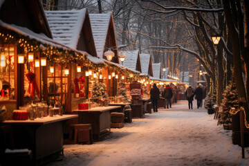 romantic christmas market with illuminated and decorated wooden shops in snow