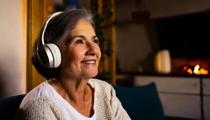 retirement elderly lady audio headset earphones earphones active lifestyle music background emotion concept caucasian enjoy senior woman portrait indoor listen leisure ageing mature song pensioner sou