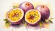 Behold the passionfruit in watercolor, a dance of rich purples and fresh greens. Each stroke on the canvas tells the story of this succulent, exotic delight.