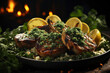 Grilled Lamb chops with herbs, lemon and pesto on a plate and black background.