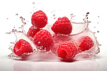 Wall Mural - A bunch of raspberries splashing into a glass of water