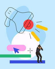 Wall Mural - notifications. man, programmer hiding under book from loudly shouting loudspeaker. checking bugs. co