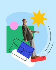 Wall Mural - Young redhead man, programmer with briefcase working on usability of applications. Fast loading. Contemporary art collage. Concept of business, modern technologies, IT, innovations