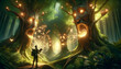 An explorer navigating a forest where the trees tell stories, in a 16:9 aspect ratio suitable for a desktop background