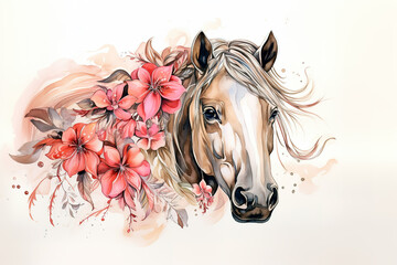 Image of a horse head with colorful tropical flowers. Farm animals., Mammals.