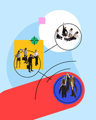 Wall Mural - Cooperation and partnership. Employees, team working on projects, looking forward to success. Contemporary art collage. Concept of business, modern technologies, IT, innovations, communication