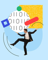 Young man, programmer working on coding, developing websites, applications and designs. Contemporary art collage. Concept of business, modern technologies, IT, innovations