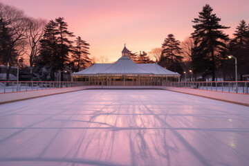 Empty street ice rink for figure skating. Nice Christmas ice skating rink, winter entertainment, public recreation in the New Year holidays.