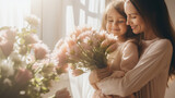Fototapeta  - Mom and daughter hugging surrounded by fresh flowers. Bouquet of flowers as a gift for Mother's Day, motherhood and childhood, happiness to be a family.