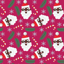 Pink Christmas Seamless Pattern With Black Santa Claus Wearing Glasses And Christmas Elements