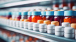 Wallpaper background of pharmacy shelf with rows of pill bottles and boxes, showcase of pharmaceuticals and medication supply, copy space.