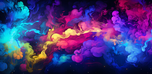 Poster - colourful vapor art of smoke, in the style of liquid light emulsion, colorful cartoon, dark palette, cosmic landscape, matte background, colorful moebius, poured