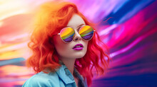 Fashionable Young  Woman With Retro Sunglasses Reflecting Rainbow Colours And Hair Dyed In Red. 2yk Fashion Style