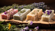 Decorated photo of handmade soaps in different colors with herbal scents