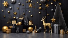Festive Christmas Or New Year Photo Studio Background: Dark Black Stylish Walls, Golden Christmas Ornaments, Photo Frame, A Reindeer Statue Decoration, Stars And Sparkles