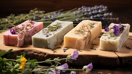 Decorated photo of handmade soaps in different colors with herbal scents