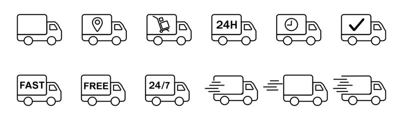 Delivery parcel truck icon. Transport express delivery line vector icon. Delivery truck linear icon set, truck icons, fast, free, 24/7, spot eps10
