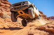 Extreme off-road 4x4 car suspension in action on a desert rally trail