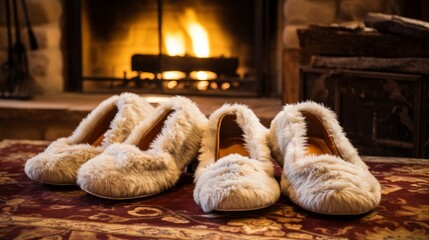 Wall Mural - Warm slippers resting beside a roaring fireplace AI generated illustration