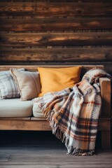 Wall Mural - Warm-colored throw blankets spread on a rustic wooden couch AI generated illustration