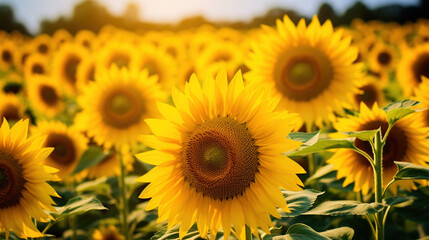  Background of sunflowers in a yellow field on a sunny day