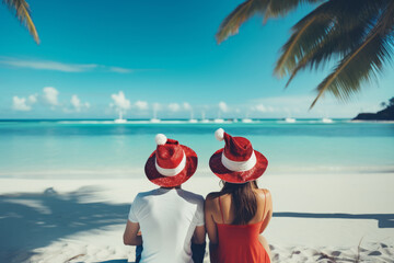 Portrait of a couple in funny red Santa Claus hats sitting on beautiful tropical beach with palm trees and clear blue water. Christmas vacation concept. Love and romance theme.