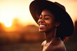 © epiximages - happy, laughing, beautiful finnish woman standing against the backdrop of an sunset, modern, light