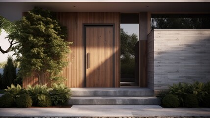 Wall Mural - Modern entrance door by wooden, which makes the house really elegant and homely right from the start. Generative AI Technology 