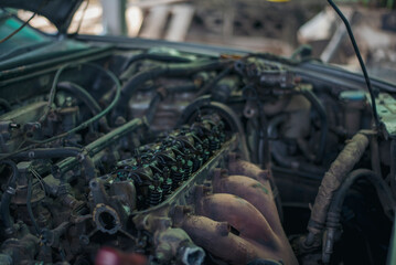 Heavy screw grungy rusted wrenches dirty screwdriver object. Industrial hardware set. Mechanic tools engineering equipment car auto repair shop with copy space. Blurred background mechanical service