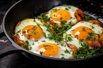 Wall Mural - Fried eggs cooked with spices and herbs in a pan. Delicious hot dish, close-up