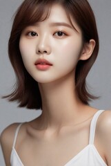 Wall Mural - A young korean woman with healthy smooth skin and healthy short hair with bangs, for poster ads, skin care natural beauty.