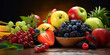 A basket of fresh fruit. Grapes and bananas Explore a variety of fruits at Mart fruit for your selection on black background  AI Generative 