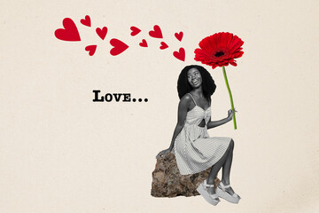 Sticker - Creative collage image of black white effect girl sit rock arm hold big flower painted hearts love isolated on beige background