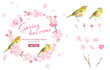 桜とメジロ２羽の丸型フレーム。エレメントセット。水彩イラスト（ベクター。レイアウト変更可能）
