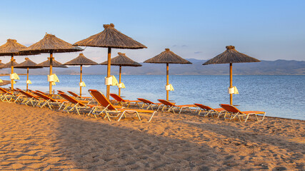 Wall Mural - Thatched parasols on beach