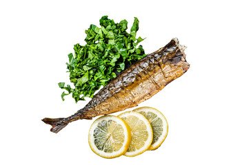 Wall Mural - Grilled Mackerel Scomber fish on a plate with greens and lemon.  Transparent background. Isolated.