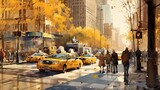 Fototapeta Miasta - City Energy: Walkers and Yellow Cabs in Autumn Downtown
