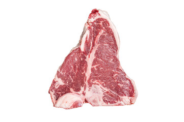 Sticker - Raw T-bone or porterhouse beef meat Steak with thyme in a grill skillet ready for cooking.  Transparent background. Isolated.