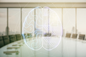 Wall Mural - Double exposure of creative artificial Intelligence interface on a modern meeting room background. Neural networks and machine learning concept