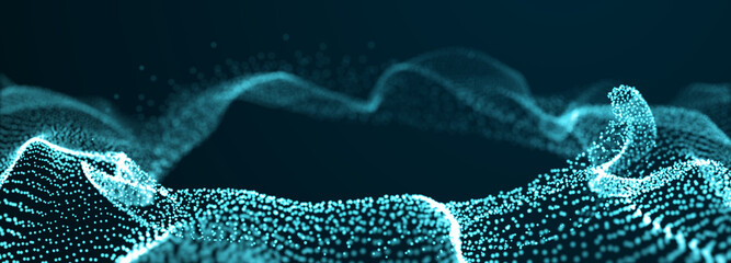 Fototapete - Abstract background of points. Wave of cyber particles. Big data stream. 3d rendering