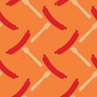 Sausage on a fork seamless pattern on color background. seamless pattern with grilled sausage on fork for kitchen, textiles, wallpaper, clothes and other