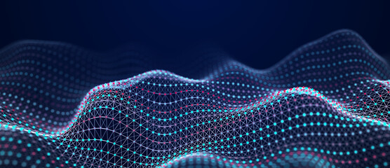 Fototapete - Abstract blue background of points and lines. Wave of particles. Network. Cyber structure. Big data stream. 3d rendering