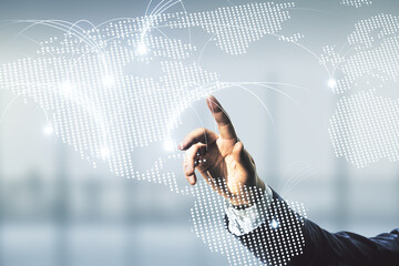 Wall Mural - double exposure of man hand presses on abstract digital world map hologram with connections on blurr
