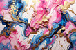 Abstract background of acrylic paint in blue, pink and golden tones.