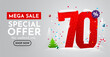 70 percent Off. Discount creative composition. Merry Christmas and Happy New Year. Sale banner and poster.