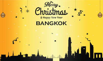 Wall Mural - Christmas and New year golden greeting card with black panorama of the city of Bangkok, Thailand