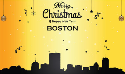 Wall Mural - Christmas and New year golden greeting card with black panorama of the city of Boston, Massachusetts's  - US State