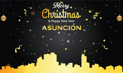 Wall Mural - Christmas and New year black greeting card with golden panorama of the city of Asuncion, Paraguay