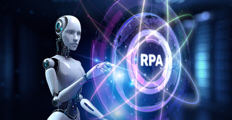 Wall Mural - RPA Robotic process automation concept. Robot pressing button on screen 3d render.